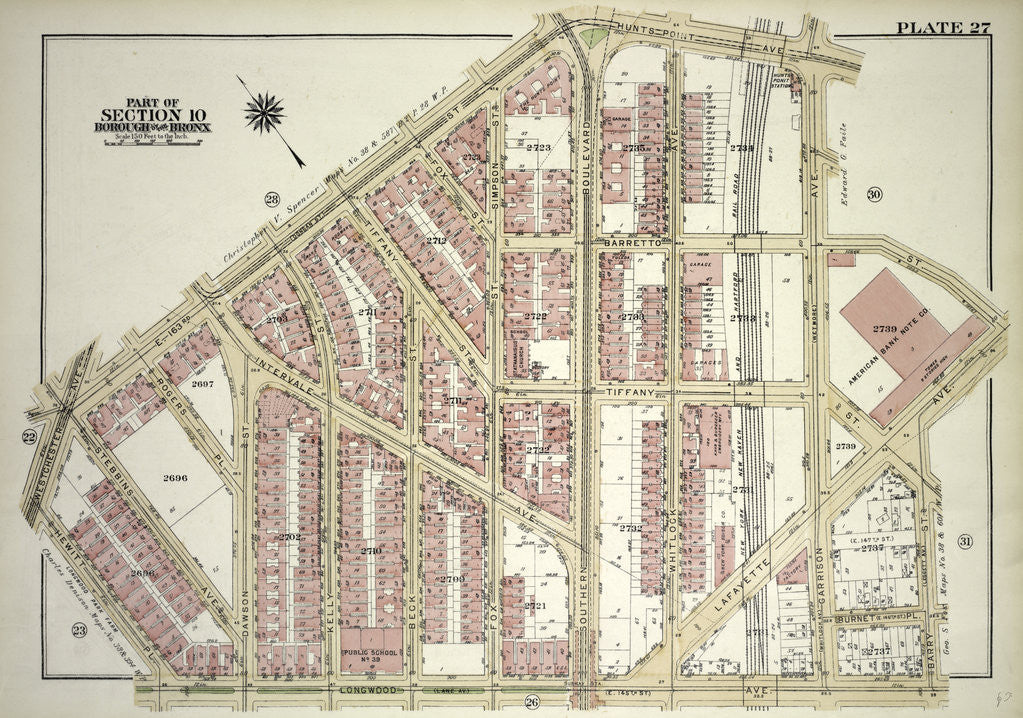 Detail of Borough of the Bronx. Bounded by Westchester Avenue, E. 163rd Street, Hunts Point Avenue, Barretto Street, Lafayette Avenue, Barry Street, Longwood Avenue, and Hewitts Place, New York by Anonymous
