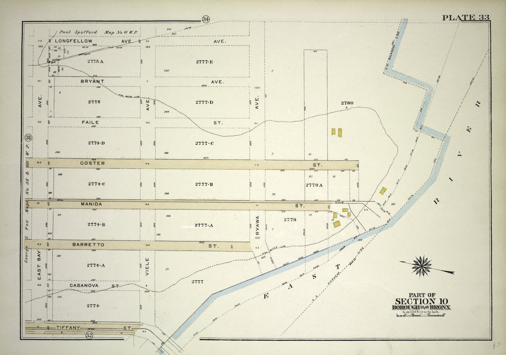 Detail of Borough of the Bronx. Bounded by Longfellow Avenue, Ryawa Avenue, Barretto Street, Tiffany Street and East Bay Avenue, New York by Anonymous