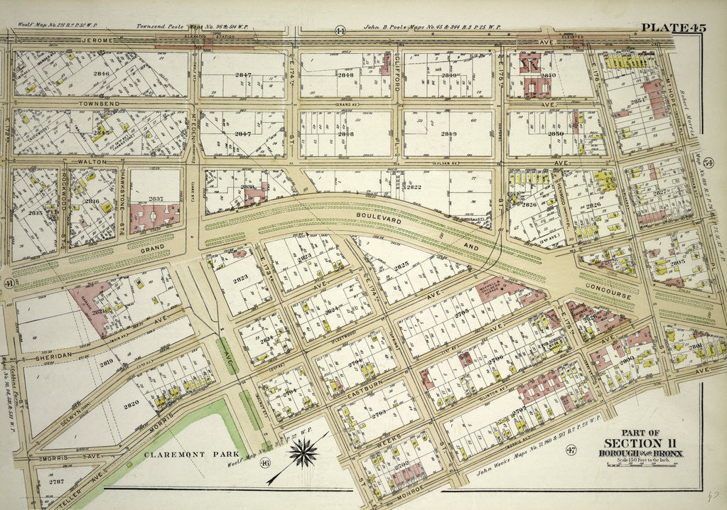 Detail of Borough of the Bronx. Bounded by Jerome Avenue, Mt. Hope Place, Monroe Avenue, E. 173rd Street, Eastburn Avenue, Mt. Eden Avenue, Morris Avenue, Teller Avenue and E. 178th. Street, New York by Anonymous