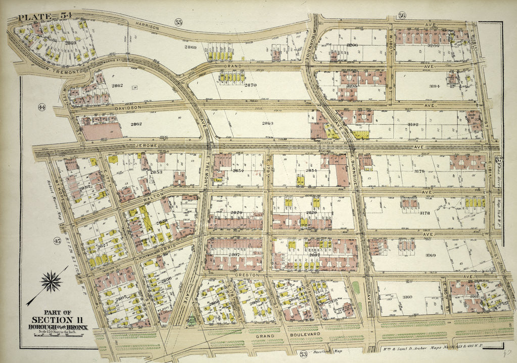 Detail of Borough of the Bronx. Bounded by Harrison Avenue, W. 181st Street, E. 181st Street, Grand Boulevard, Mt. Hope Place, Jerome Avenue, W. 177th Street and W. Tremont Avenue, New York by Anonymous