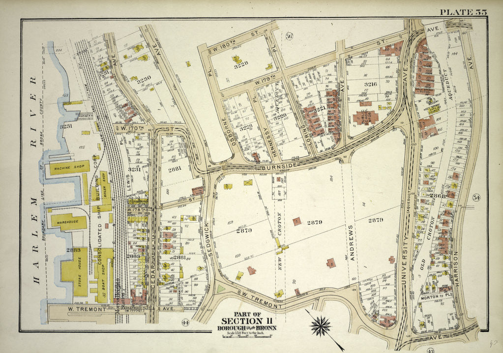 Detail of Borough of the Bronx. Bounded by W. 180th Street, Loring Place, W. 179th Street, Burnside Avenue, Harrison Avenue, W. Tremont Avenue and Harlem River Piers Cedar Avenue, New York by Anonymous