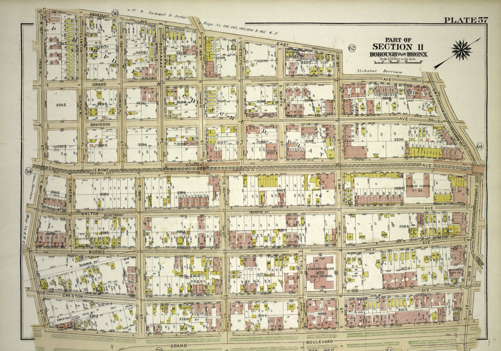 Detail of Borough of the Bronx. Bounded by Aqueduct Avenue East, W. 184th Street, Grand Avenue, W. Fordham Road, E. Fordham Road, E. 188th Street, Grand Boulevard and E. 181st Street, New York by Anonymous