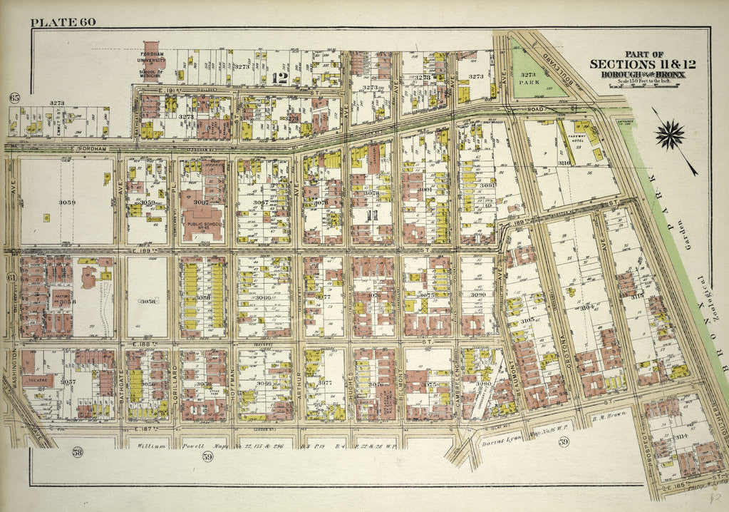 Detail of Borough of the Bronx. Bounded by E. Fordham Road, Bathgate Avenue, E. 191st Street, Hughes Avenue, E. Fordham Road, Southern Boulevard, E. 185th Street, Prospect Avenue, E. 187th Street and Washington Avenue, New York by Anonymous