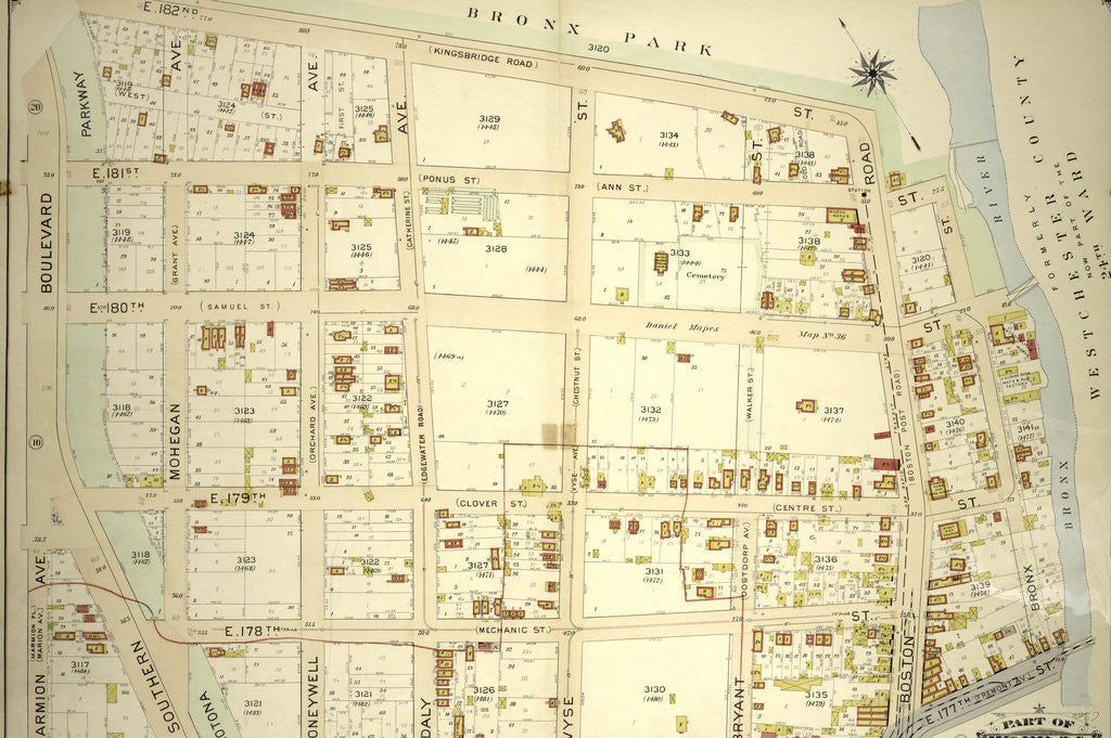 Detail of Part of Ward 24, Section 11. Bounded by E. 182nd Street, Boston Road, E. 181st Street,Bronx Street, E. 177th Street, Marmion Avenue and Southern Boulevard, New York by Anonymous