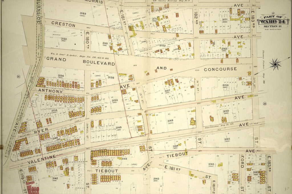 Detail of Part of Ward 24, Section 11. Bounded by Morris Avenue, E. 183rd Street, Webster Avenue, E. 179th Street, Valentine Avenue E. 179th Street and Burnside Avneue, New York by Anonymous