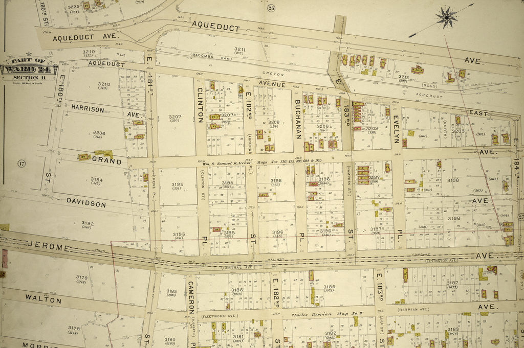 Detail of Part of Ward 24, Section 11. Bounded by E. 180th Street, Aqueduct Avenue, E. 184th Street, Morris Avenue and Burnside Avneue, New York by Anonymous