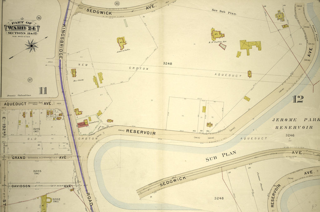 Detail of Part of Ward 24, Sections 11&12. Bounded by Aqueduct Avenue, Kingsbridge Road, Sedgwick Avenue, Reservoir Avenue Jerome Park Reservoir, Jerome Avenue and E. 192nd Street, New York by Anonymous