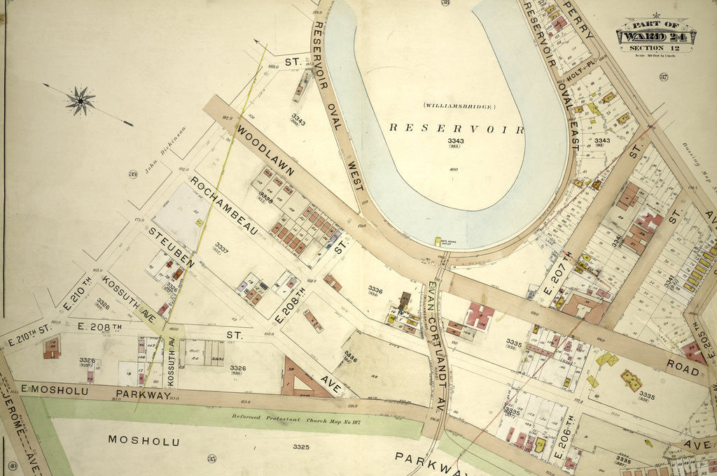 Detail of Part of Ward 24, Section 12. Bounded by E. 210th Street, Reservoir Oval West, Perry Avenue, E. 205th Street, Bainbridge Avenue, E. Mosholu Parkway North and Jerome Avenue, New York by Anonymous