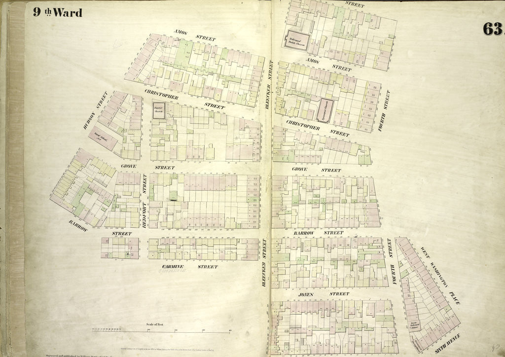 Detail of Map bounded by Amos Street, Charles Street, West 4th Street, West Washington Place, Sixth Avenue Cornelia Street, Bleecker Street, Carmine Commerce Street, Barrow Street, Hudson Street, New York by Anonymous