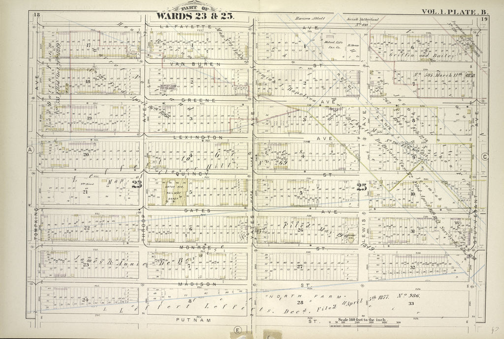 Detail of Map bounded by Lafayette Ave., Stuyvesant Ave., Putnam Ave., Tompkins Ave; Including Van Buren St., Greene St., Lexington Ave., Quincy St., Gates Ave., Monroe St., Madison St., Throop Ave., Yates Ave., Lewis Ave., New York by Anonymous
