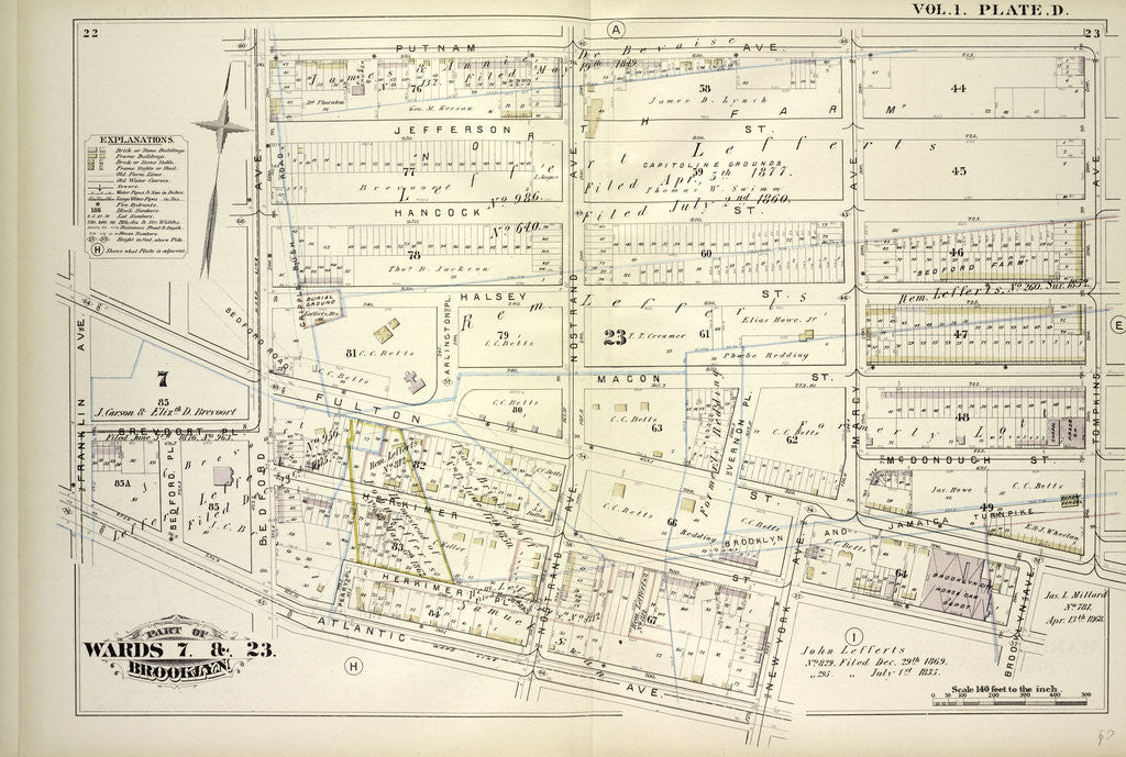 Detail of Map bounded by Putnam Ave., Tompkins Ave., Brooklyn Ave., New York Ave., Atlantic Ave., Franklin Ave., Brevoort Pl., Bedford Ave; Including Jefferson St., Hancock St., Halsey St., Fulton St., Macon St., Herkimer St., Herkimer Pl., Mc., New York by Anonymous