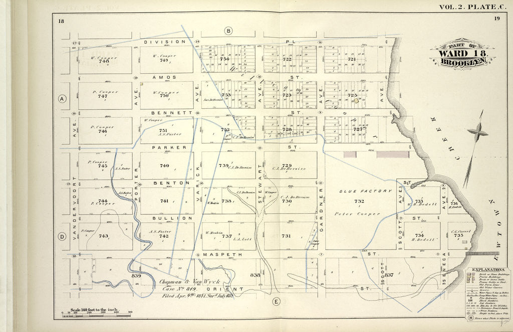 Detail of Map bound by Division Pl., Newtown Creek, Orient St., Vandervoort Ave; Including Amos St., Bennett St., Parker St., Benton St., Bullion St., Maspeth St., Porter Ave., Varick Ave., Stewart Ave., Cardner Ave., Scott Ave., Seneca Ave., New York by Anonymous