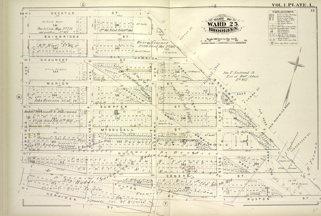 Detail of Map bound by Decatur St., Broadway, Ruxton St., Rockaway Ave., Herkimer St., Saratoga Ave; Including Bainbridge St., Chauncey St., Marion St., Sumpter St., Mc Dougall St., Hull St., Somers St., Fulton St., Hopkinson Ave., Stone Ave., New York by Anonymous