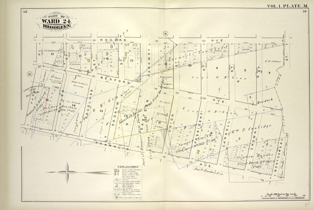 Detail of Map bound by Roges Ave., City Line, Franklin Ave., Park PL; Including Bedford Ave., Butler St., Douglass St., Degraw St., Eastern Parkway, Union St., President St., Carroll St., Crown St., Montgomery St., New York by Anonymous