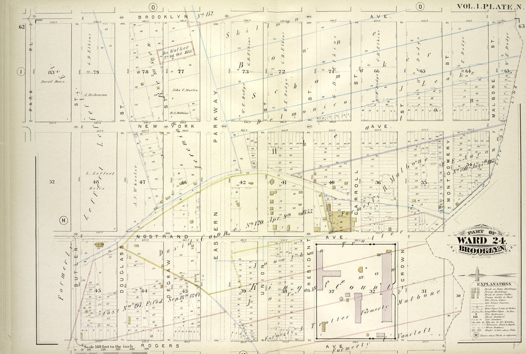 Detail of Map bound by Brooklyn Ave., City Line, Rogers Ave., Butler St., Park PL; Including New York Ave., Nostrand Ave., Douglass St., Degraw St., Eastern Parkway, Union St., President St., Carroll St., Crown St., Montgomery St., Malbone St., New York by Anonymous