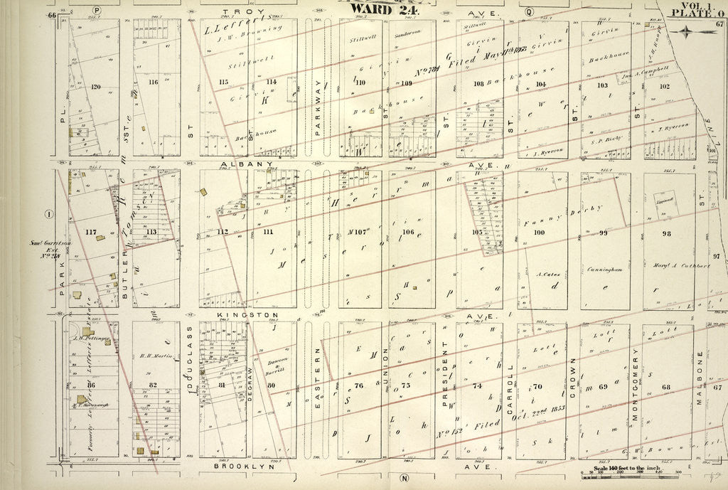 Detail of Map bound by Troy Ave., City Line, Brooklyn Ave., Park PL; Including Albany Ave., Kingston Ave., Butler St., Douglass St., Degraw St., Eastern Parkway, Union St., President St., Carroll St., Crown St., Montgomery St., Marion St., New York by Anonymous