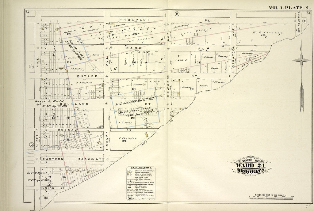 Detail of Map bound by Prospect Pl., Hopkinson Ave., City Line, Buffalo Ave; Including Ralph Ave., Howard Ave., Saratoga Ave., Park Pl., Butler St., Douglass St., Degraw St., Eastern Parkway, Union St., New York by Anonymous