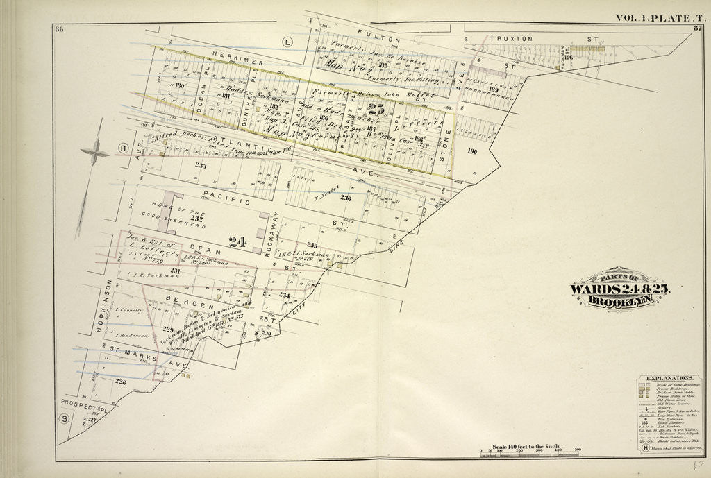 Detail of Map bound by Herkimer St., Rockaway Ave., Fulton St., Truxton St., City Line, Prospect Pl., Hopkinson Ave; Including Atlantic Ave., Pacific St., Dean St., Bergen St., St. Marks Ave., Ocean Pl., Cunther Pl., Pleasant Pl., Olive Pl., St., New York by Anonymous