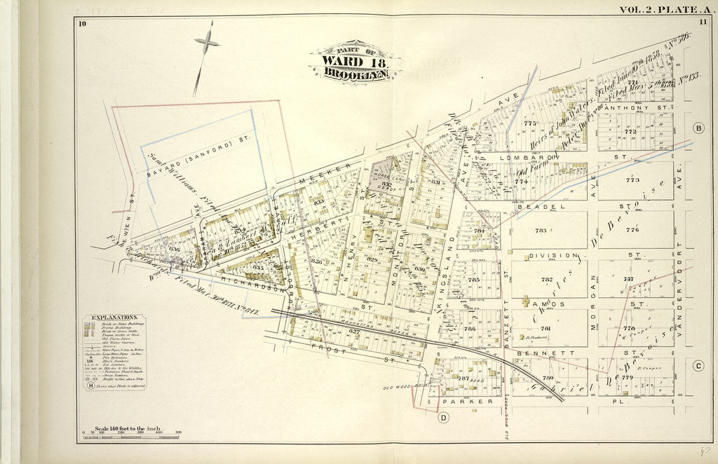 Detail of Map bound by Bayard Sanford St., Meeker Ave., Vandervoort Ave., Parker Pl., Kingsland Ave., Frost St., Humboldt Ave., Richardson St., Ewen St; Including Herbert St., Anthony St., Lombard St., Beadel St., Division St., Amos St., Benn., New York by Anonymous