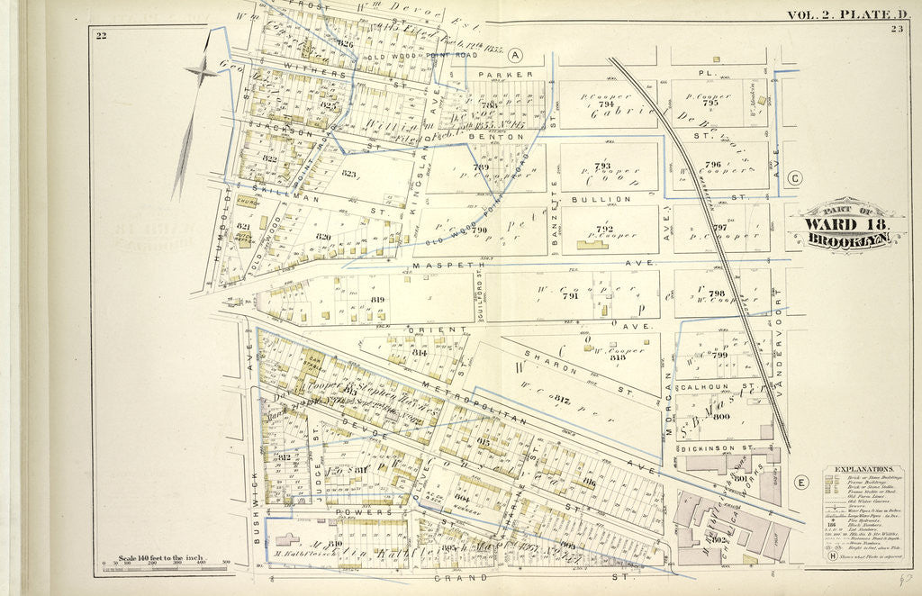 Detail of Map bound by Frost St., Kingsland Ave., Parker Pl., Vandervoort, Grant St., Bushwick Ave., Humboldt St; Including Withers St., Jackson St., Skillman St., Benton St., Bullion St., Maspeth Ave., Orient Ave., Sharon St., Calhoun St., Dic., New York by Anonymous