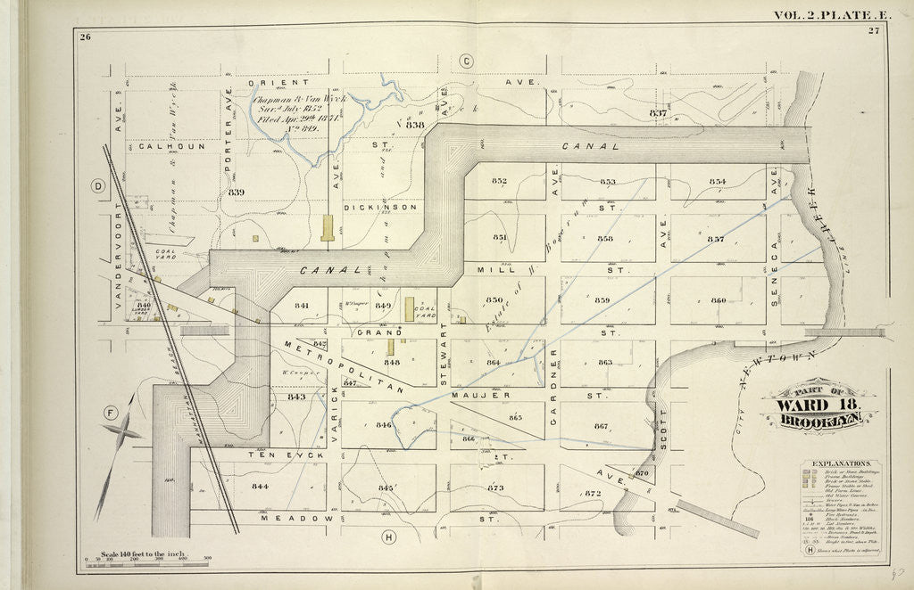 Detail of Map bound by Orient Ave., City Line, Meadow St., Canal, Vandervoort Ave; Including Calhoun St., Dickinson St., Mill St., Grand St., Maujer St., Ten Eyck St., Porter Ave., Varick Ave., Metropolitan Ave., Stewart Ave., Gardner Ave., Sco., New York by Anonymous