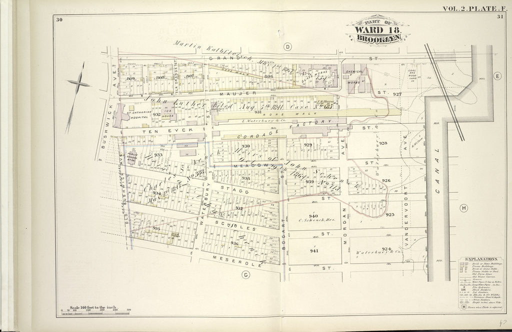 Detail of Map bound by Grand St., Canal, Meserole St., Old Bushwick Ave., Bushwick Ave; Including Maujer St., Ten Eyck St., Meadow St., Stagg St., Scholes St., La Grange St., Waterbury St., Bogart St., Morgan Ave., Vandervoort Ave., New York by Anonymous
