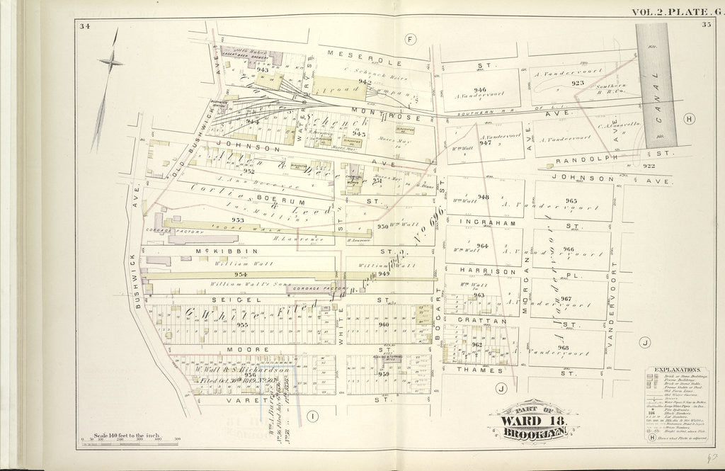 Detail of Map bound by Meserole St., Canal, Randolph St., Johnson Aver, Vandervoort Ave., Thames St., Varet St., Bushwick Ave., Old Bushwick Ave; Including Montrose Ave., Boerum St., Ingraham St., Mc Kibbin St., Seigel St., Harrison Pl., Gratta., New York by Anonymous