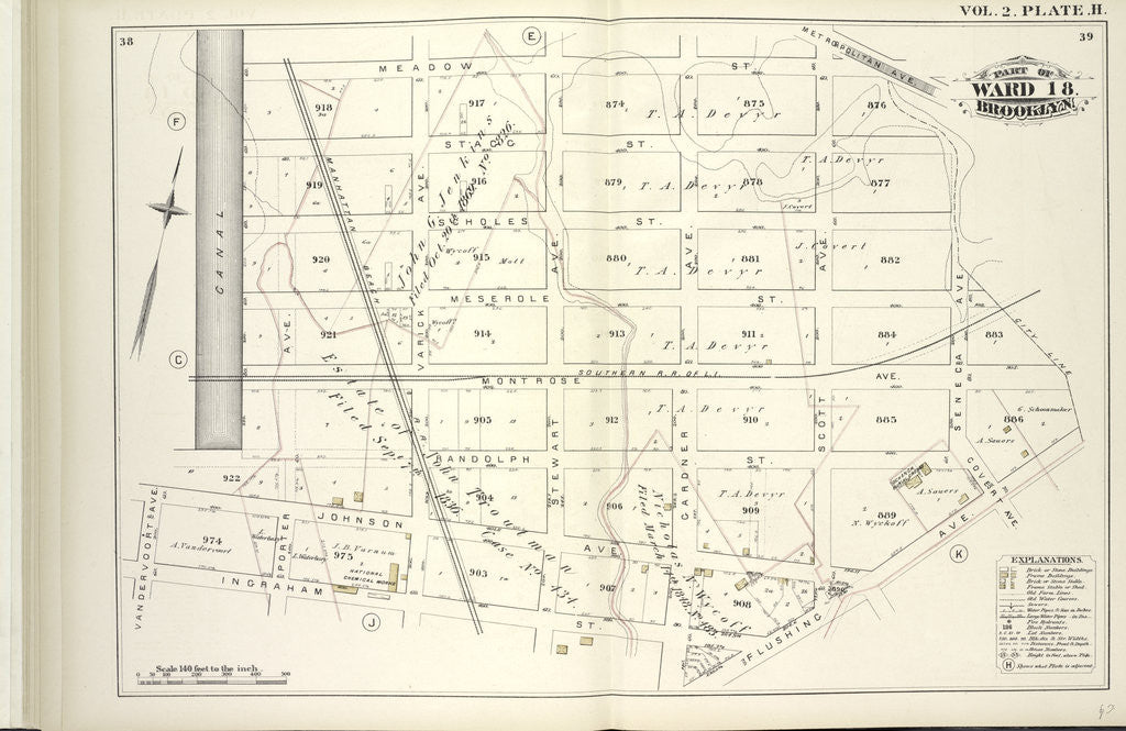 Detail of Map bound by Meadow St., Metropolitan Ave., City Line, Flushing Ave., Ingraham St., Vandervoort Ave., Canal; Including Stagg St., Scholes St., Meserole St., Montrose Ave., Randolph St., Johnson Ave., Porter Ave., Varick Ave., Stewart A., New York by Anonymous
