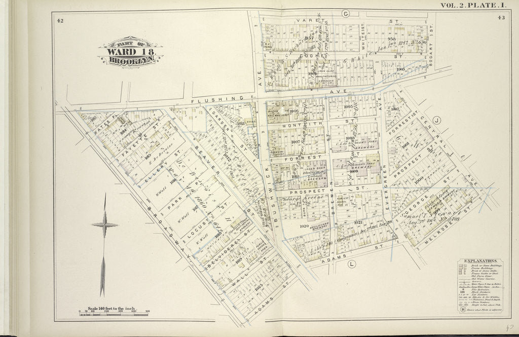 Detail of Map bound by Flushing Ave., Bushwick Ave., Varet St., Bogart St., Central Ave., Melrose St., Adams St., Broadway; Including Cooke St., White St., Yates Pl., Fayette St., Ellery St., Park Pl., Locust St., Belvidere St., Wall St., Montei., New York by Anonymous