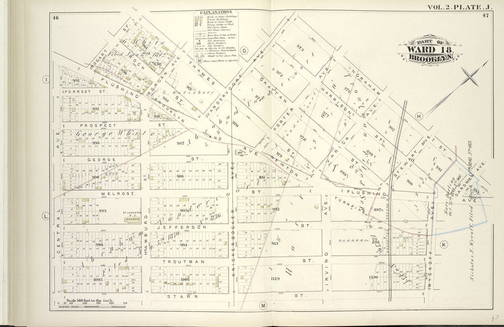 Detail of Map bound by Bogart St., Thames St., Vandervoort Aver, Ingraham St., Gardner Aver, Flushing Ave., Wyckoff Ave., Starr St., Central Ave; Including Rock St., Forest St., Prospect St., George St., Melrose St., Jefferson St., Troutman St., New York by Anonymous
