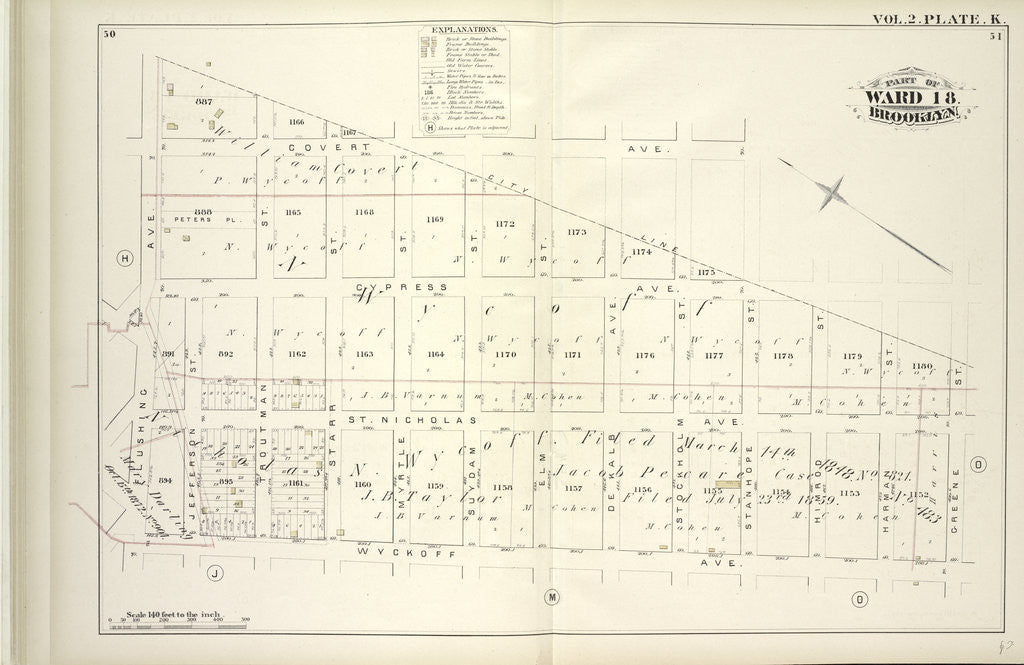 Detail of Map bound by City Line, Greene St., Wyckoff Ave., Flushing Ave; Including Covert Ave., Cypress Ave., St. Nicholas Ave., Jefferson St., Troutman St., Starr St., Myrtle St., Suydam St., Elm St., De Kalb Ave., Stockholm St., Stanhope St., New York by Anonymous