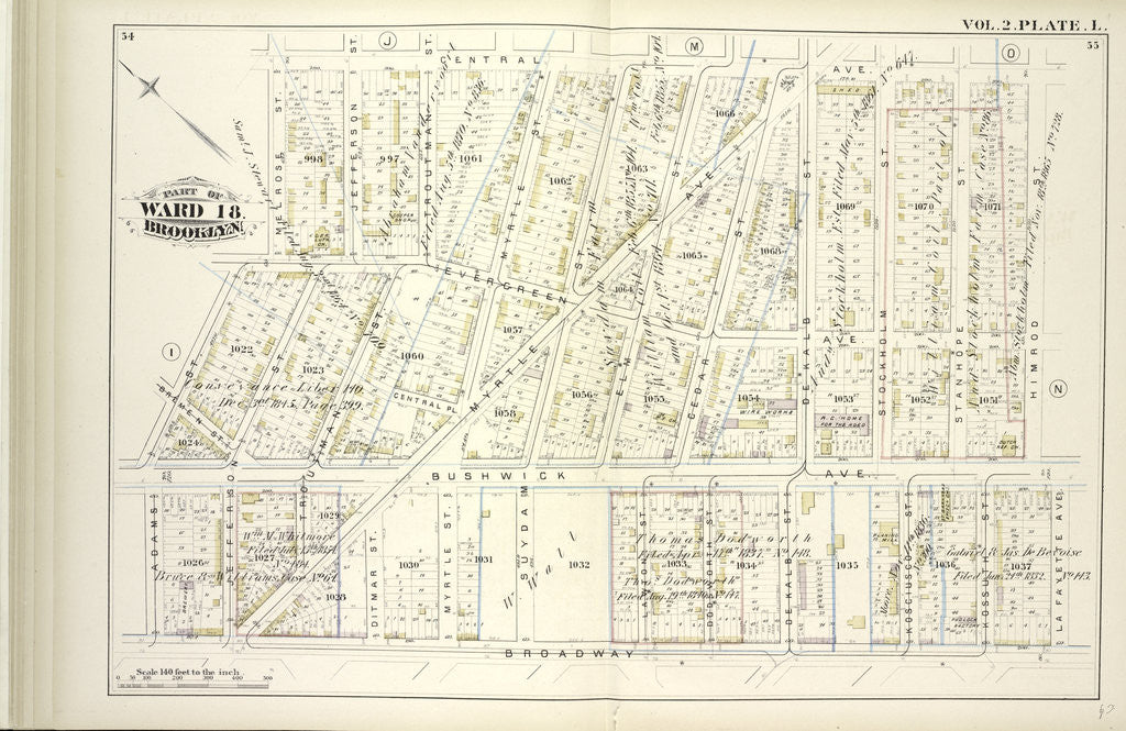 Detail of Map bound by Central Ave., Himrod St., La Fayette Ave., Broadway, Adams St., Melrose St; Including Evergreen Ave., Central Pl., Bushwick Ave., Bremen St., Myrtle Ave., Jefferson St., Troutman St., Ditman St., Myrtle St., Suydam St., E., New York by Anonymous