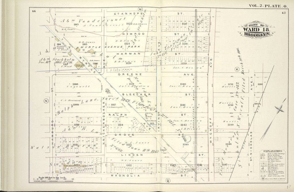 Detail of Map bound by Stanhope St., Wyckoff Ave., Greene Ave., St. Nicholas Ave., Magnolia St., Hamburg St; Including Himrod St., Harman St., Bleecker St., Ralph St., Grove St., Linden St., Myrtle Ave., Knickerbocker Ave., Irving Ave., New York by Anonymous