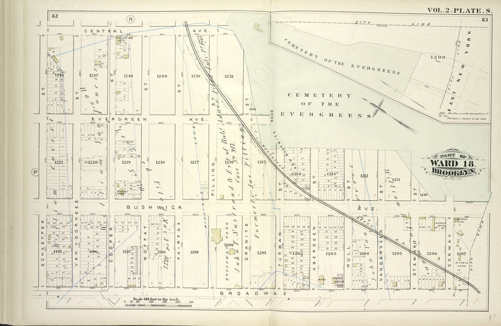 Detail of Map bound by Central Ave., Cemetery of the Evergreens, City Line, Broadway, Schaeffer St; Including Evergreen Ave., Bushwick Ave., Van Voorhees St., Cooper St., Fairfax St., Pilling St., Granite St., Furman St., Aberdeen St., Hull St., New York by Anonymous