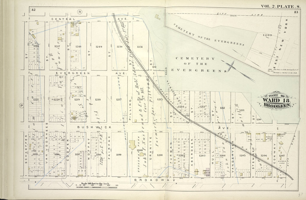 Detail of Map bound by Central Ave., Cemetery of the Evergreens, City Line, Broadway, Schaeffer St; Including Evergreen Ave., Bushwick Ave., Van Voorhees St., Cooper St., Fairfax St., Pilling St., Granite St., Furman St., Aberdeen St., Hull St., New York by Anonymous