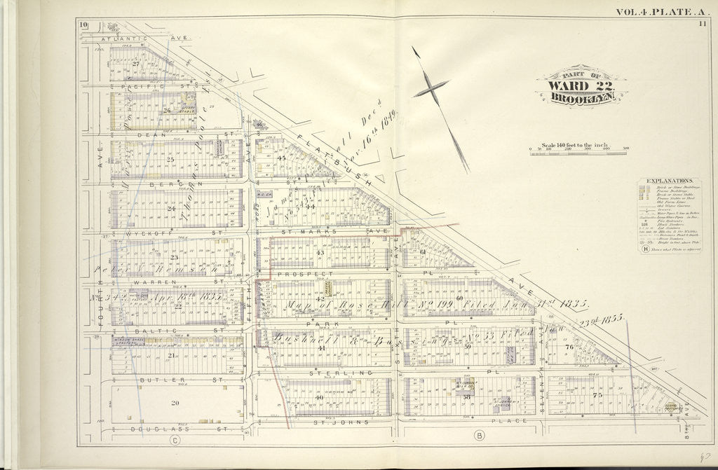 Detail of Map bound by Atlantic Ave., Flatbush Ave., St. Johns Place, Douglass St., Fourth Ave; Including Pacific St., Dean St., Berg St., Wyckoff St., St. Marks Ave., Warren St., Prospect Pl., Baltic St., Park Pl., Butler St., Sterling Pl., Fi., New York by Anonymous