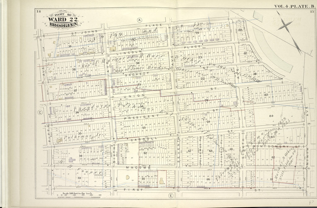 Detail of Map bound by St. Johns Place, PLaza, Ninth Ave., First St., Fifth Ave; Including Lincoln Place, Sackett St., Union St., President St., Carroll St., Macomb St., Sixth Ave., Seventh Ave., Polhemus Pl., Fiske Pl., Eighth Ave., New York by Anonymous