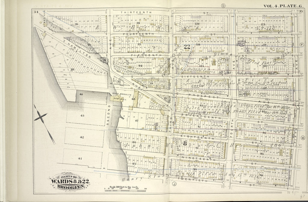 Detail of Map bound by Thirteenth St., Fifth Ave., Twentieth St., Gowanus Bay; Including Fourteenth St., Fifteenth St., Fifteenth St., Sixteenth St., Prospect Ave., Seventeenth St., Eighteenth St., Nineteenth St., Hamilton Ave., First Ave., Seco., New York by Anonymous