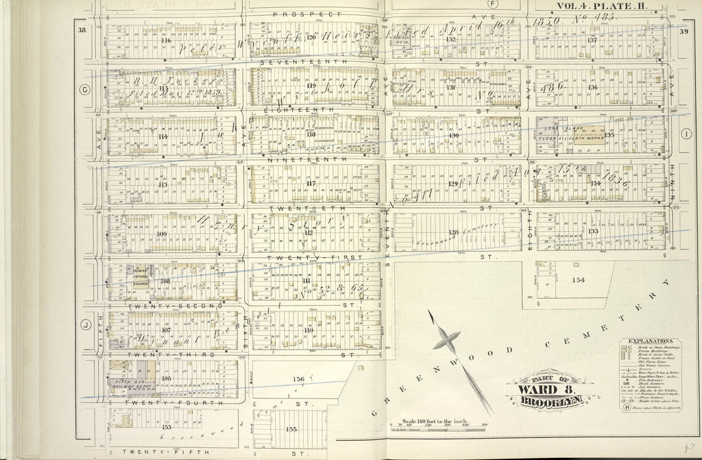 Detail of Map bound by Prospect Ave., Ninth Ave., Greenwood Cemetery, Twenty-Fifth St., Fifth Ave; Including Seventeenth St., Eighteenth St., Nineteenth St., Twentieth St., Twenty-First St., Twenty-Second St., Twenty-Third St., Twenty-Fourth St., New York by Anonymous