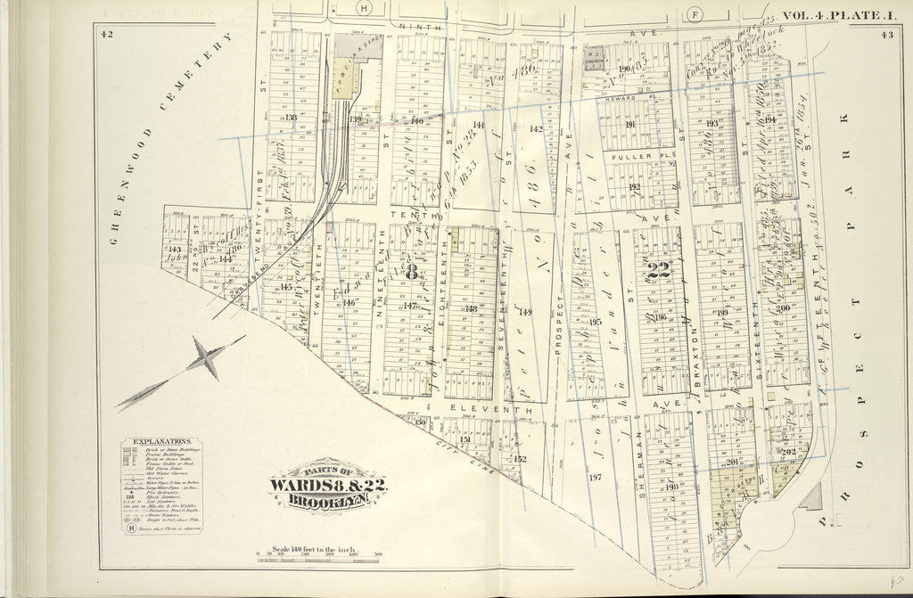 Detail of Map bound by Ninth Ave., Prospect Park, City Line, Greenwood Cemetery; Including Howard Pl., Fuller Pl., Tenth Ave., Eleventh Ave., Twenty-Second St., Twenty-First St., Nineteenth St., Eighteenth St., Seventeenth St., Prospect Ave., Sh., New York by Anonymous