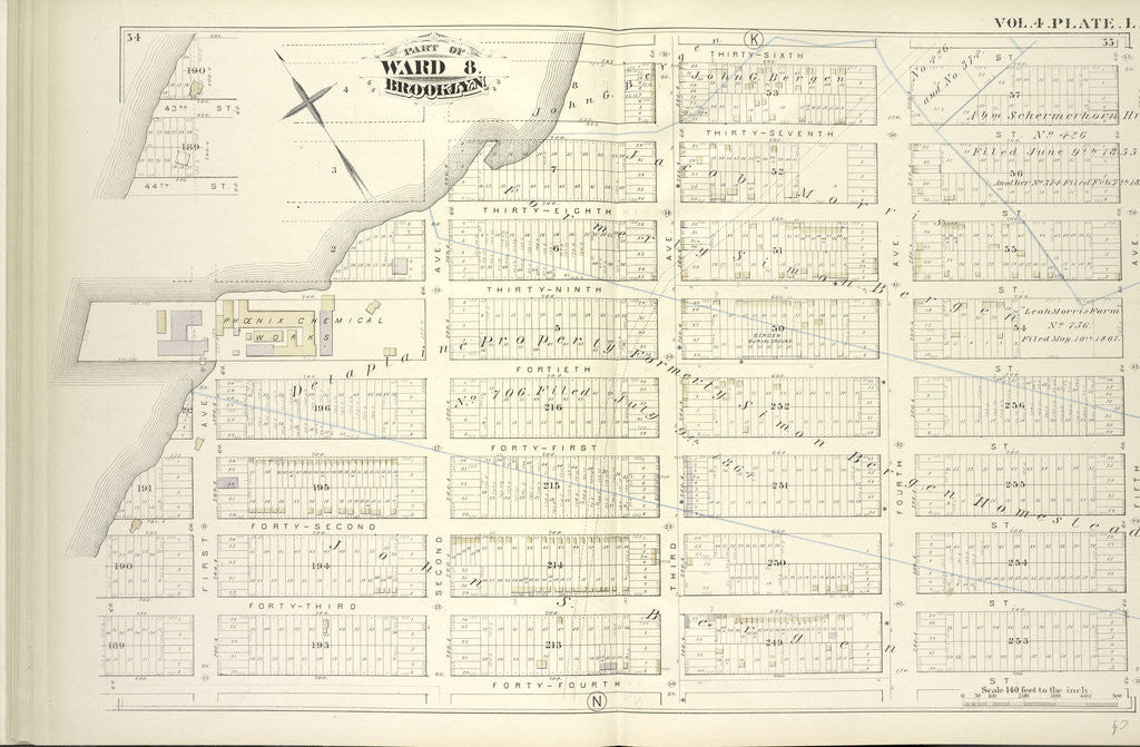 Detail of Map bound by Thirty-Sixth, Fifth Ave., Forty-Fourth St., Gowanus Bay; Including Third St., Forty-Fourth St., Thirty-Seventh St., Thirty-Eighth St., Thirty-Ninth St., Fortieth St., Forty-First St., Forty-Second St., Forty-Third St., Fir., New York by Anonymous