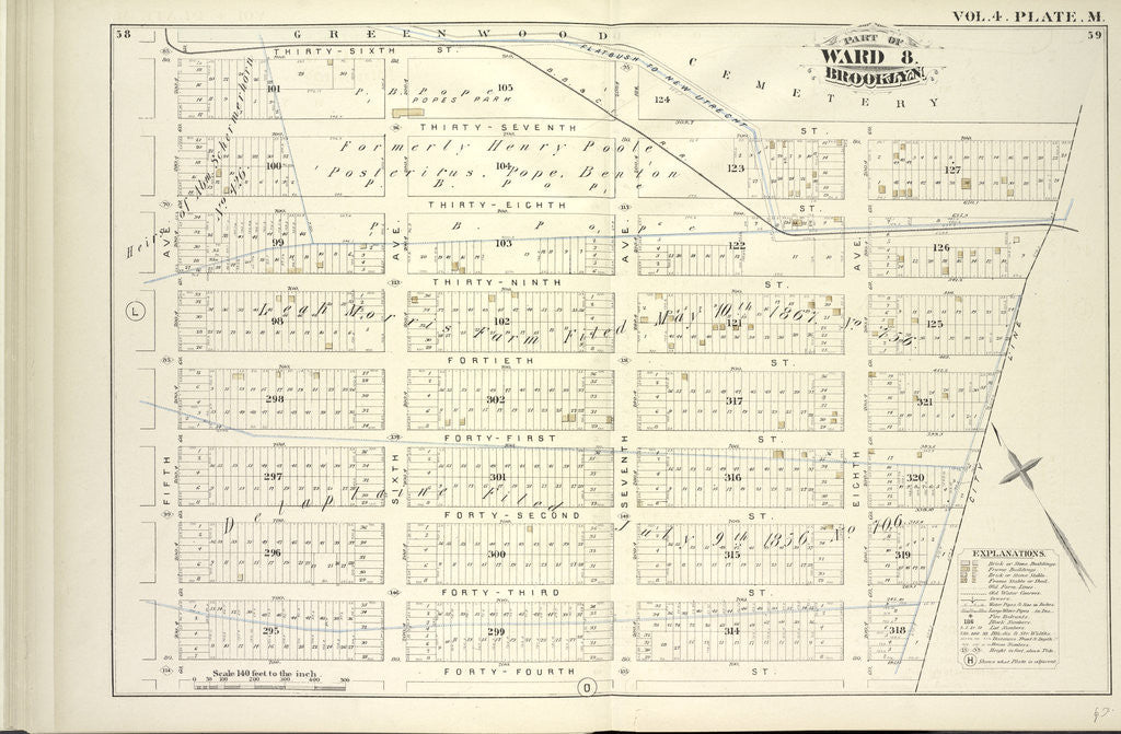 Detail of Map bound by Greenwood Cemetery, City Line, Forty-Fourth St., Fifth Ave; Including Thirty-Seventh St., Thirty-Eighth St., Thirty-Ninth St., Fortieth St., Forty-First St., Forty-Second St., Forty-Third St., Sixth Ave., Seventh Ave., Ei., New York by Anonymous
