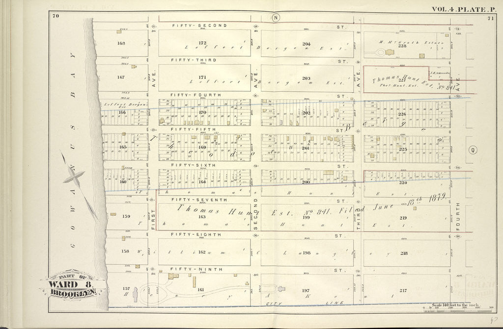 Detail of Map bound by Fifty-Second, Fourth Ave., City Line, Gowanus Bay; Including Fifty-Third St., Fifty-Fourth St., Fifty-Fifth St., Fifty-Sixth St., Fifty-Seventh St., Fifty-Eighth St., Fifty-Ninth St., First Ave., Second Ave., Third Ave., New York by Anonymous