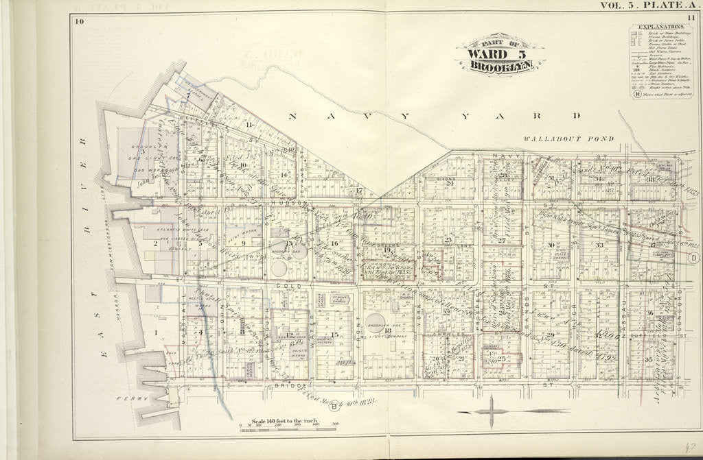 Detail of Map bound by U.S. Navy Yard, Concord St., Bridge St., East River; Including Little St., Navy St., Old Bridge RD, Hudson St., Greene Lane, Gold St., Charles St., Duffield St., U.S. St., Marshall St., John St., PLymouth St., Evans St., W., New York by Anonymous