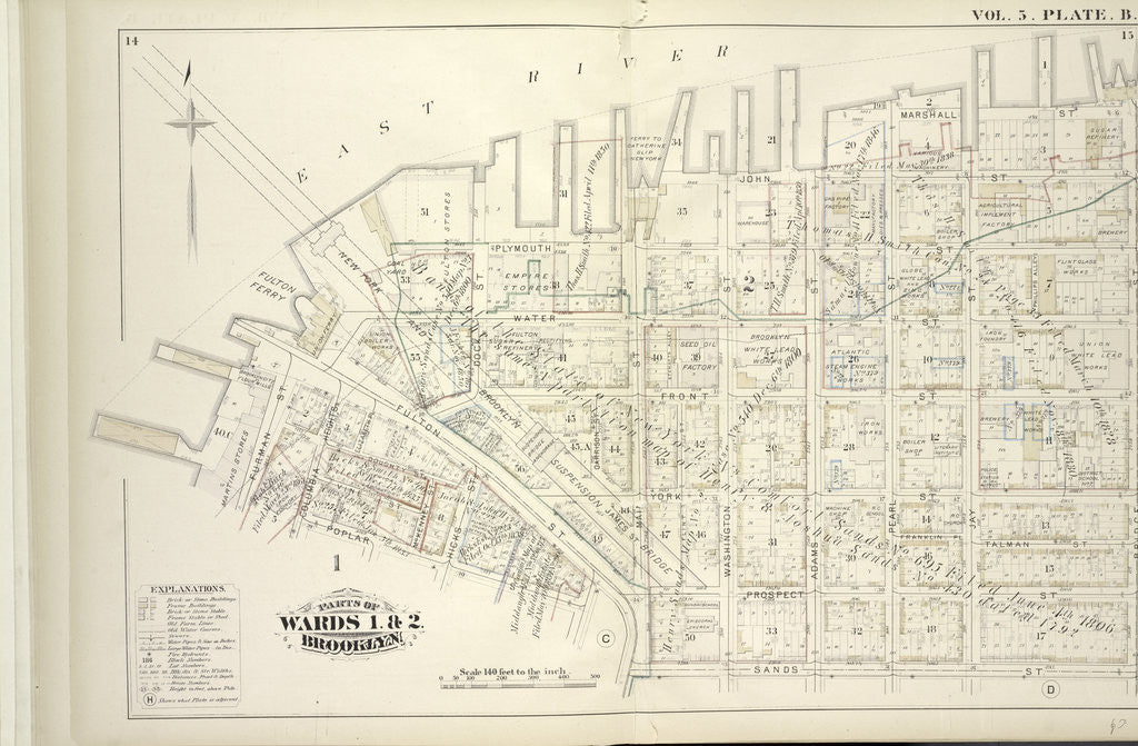 Detail of Map bound by East River, Bridge St., Sands St., Poplar St; Including Marshall St., John St., PLymouth St., Water St., Front St., Fulton St., Doughty St., Vine St., York St., Franklin Pl., Talman St., Prospect St., Furman St., Columbia., New York by Anonymous