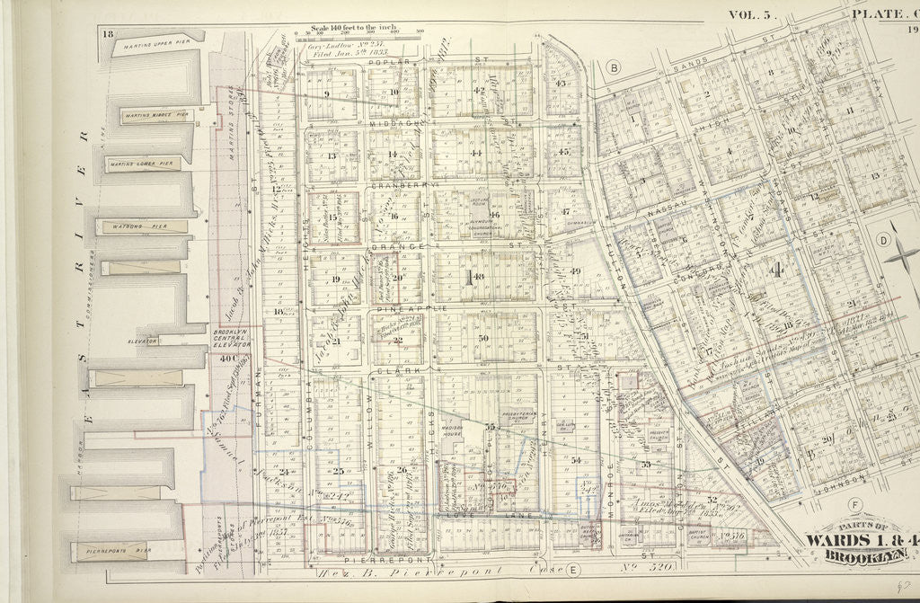 Detail of Map bound by Poplar St., Sands St., Jay St., Pearl St., Johnson St., Pierrepont St., East River; Including Middagh St., High St., Cranberry St., Orange St., Nassau St., Pineapple St., Concord St., Clark St., Tillary St., Love Lane, Fur., New York by Anonymous