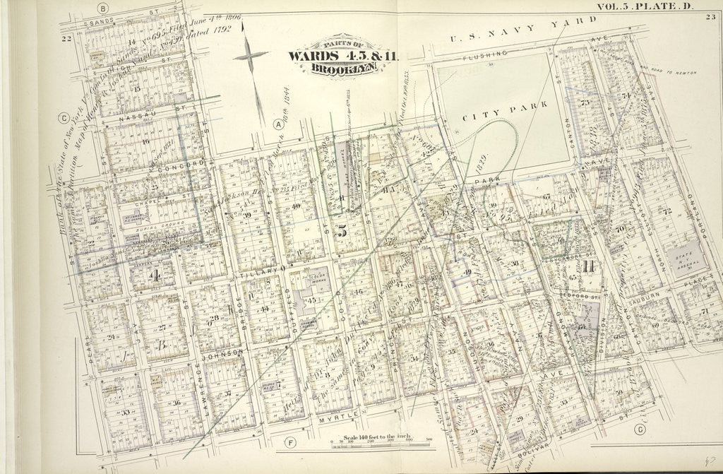 Detail of Map bound by Sands St., U.S. Navy Yard, Portland Ave., Myrtle Ave., Canton St., Bolivar St., Fleet Place, Pearl St., Concord St., Jay St; Including High St., Nassau St., Flushing Ave., Chapel St., Park Ave., Tillary St., Sycamore St., New York by Anonymous