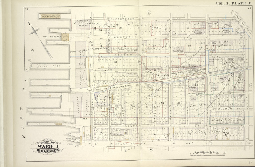 Detail of Map bound by Pierrepont St., Fulton St., Court St., Atlantic Ave., East River; Including Montague St., Remsen St., Grace Court, Joralemon St., Livingston St., Schermerhorn St., State St., Furman St., Pierrepont Ter., Montague Ter., Col., New York by Anonymous