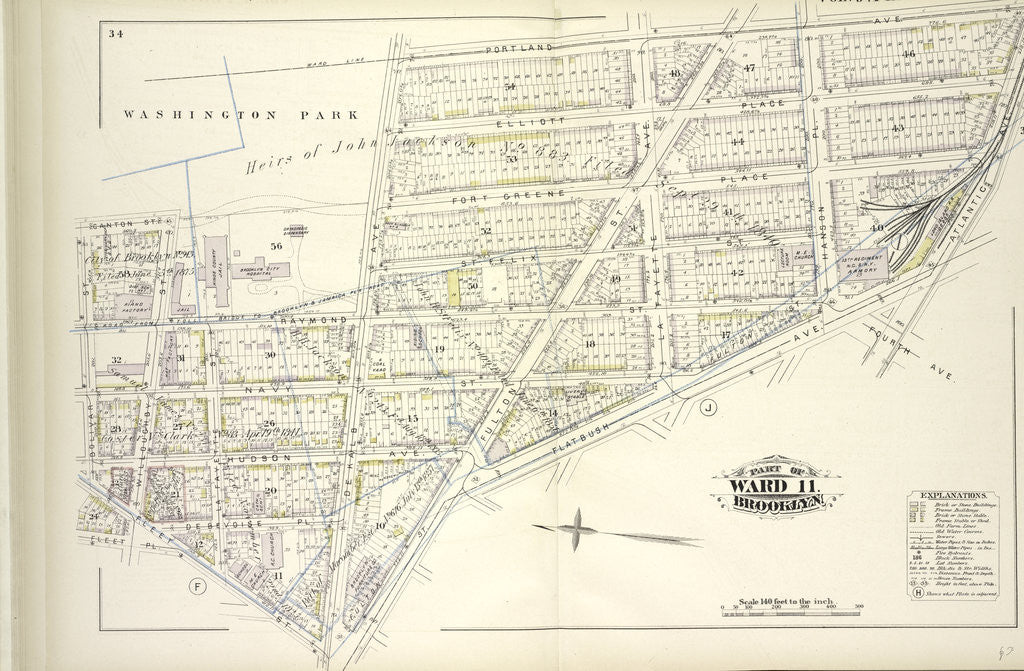 Detail of Map bound by Washington Park, Portland Ave., Atlantic Ave., Fourth Ave., Flatbush Ave., Fulton St., Fleet St., Fleet Pl., Bolivar St; Including Elliot Place, Canton St., Fort Greene Place, St. Felix St., Raymond St., Navy St., Hudson, New York by Anonymous
