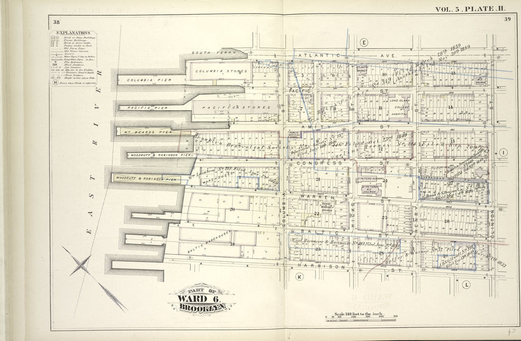 Detail of Map bound by Atlantic Ave., Clinton St., Harrison St., East River; Including Pacific St., Amity St., Congress St., Verandan Pl., Warren St., Baltic St., Columbia St., Hicks St., Henry St., New York by Anonymous